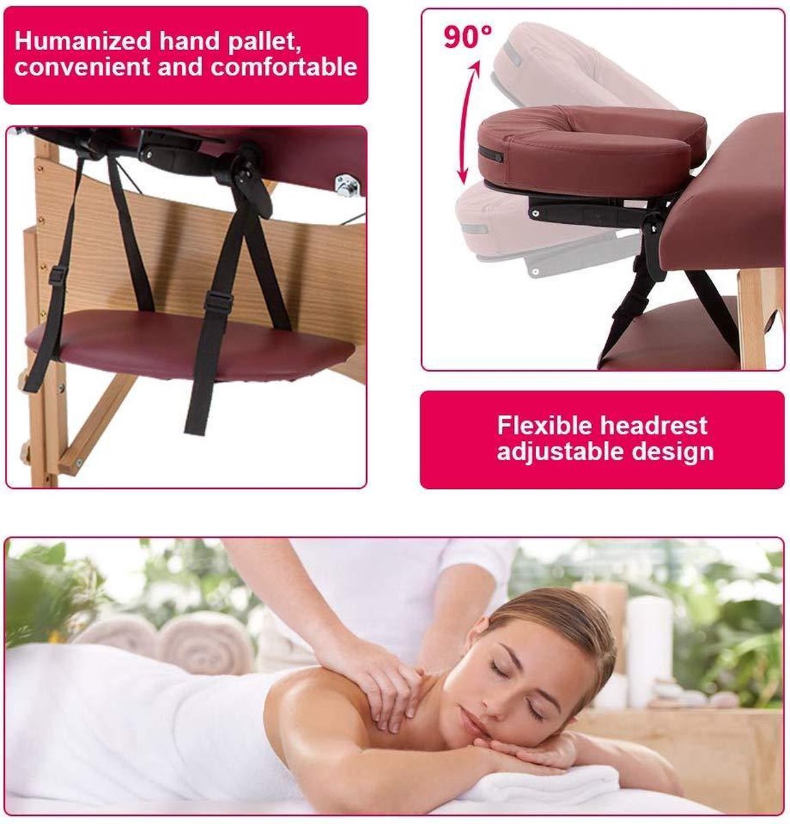 BestMassage MT-T1-Burgundy, Massagetafel draagbaar massagebed, 186 cm, hoogte verstelbaar en tweevoudig opklapbaar, met draagtas, rood